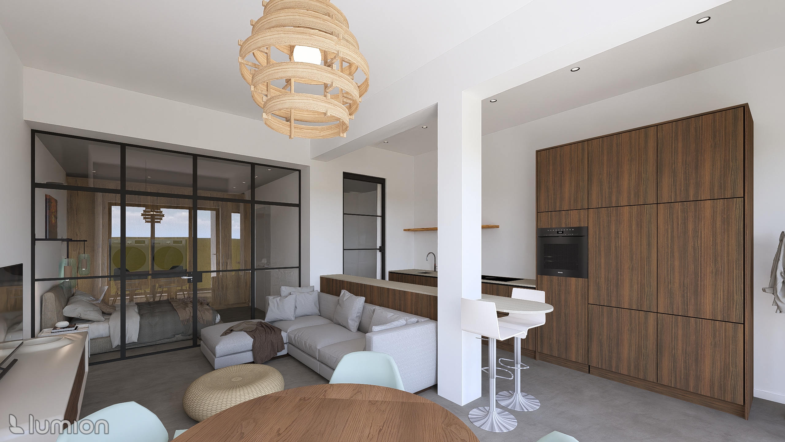 3D-ontwerp met zithoek, open keuken en glazen scheidingswand